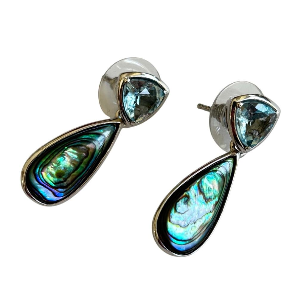 Sterling silver pierced earrings signed 925 CRZ crystal & blue abalone shell